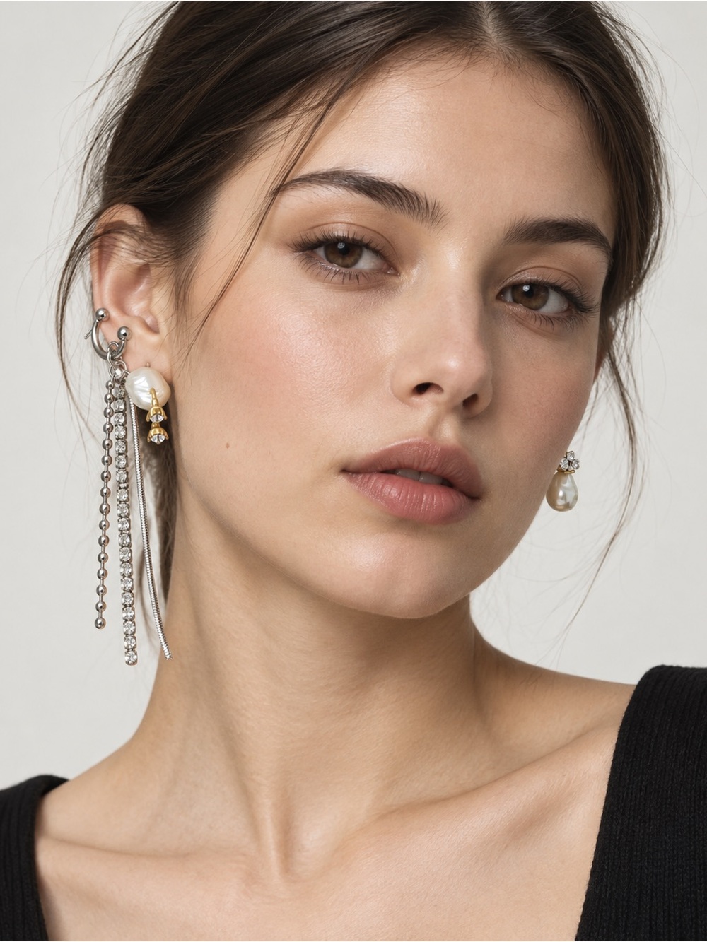 ZARA Asymmetrical Faux Pearl Rhinestone Ear Cuff Drop Earrings